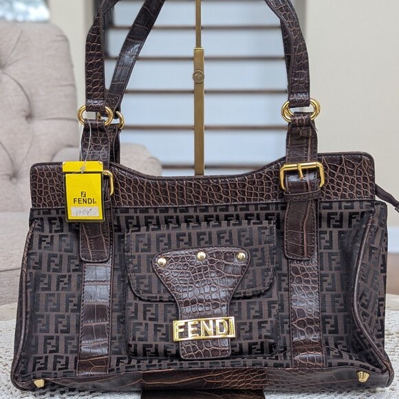 Fendi Handbags - Vintage Fendi Zucca Canvas & Croc Embossed Leather Shoulder Bag